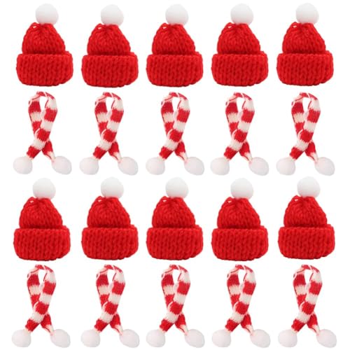 RANJIMA 20 Stück Mini Weihnachtsmütze und Schal Set, Mini Weihnachten Strickmütze Weihnachts Weinflasche Abdeckung Topper Hut Puppen Hut Klein Nikolausmütze für Tischdeko Flaschendeko Weihnachtsfeiern von RANJIMA