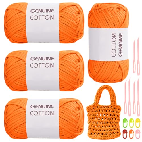 RANJIMA Orangefarbenes Garn, 4 Stück Einfach Garn, Häkelgarn für Anfänger, Gut Sichtbare Maschen Garn Zum Häkeln mit Häkelzubehör, Baumwoll-Nylon-Garn für Kleidung, Decken, Taschen, Pullover von RANJIMA