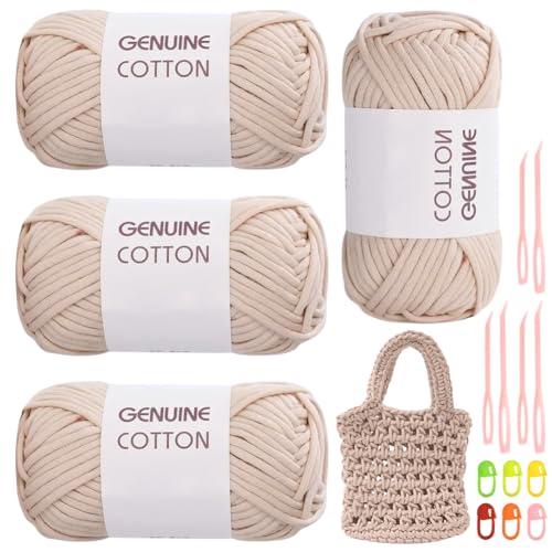 RANJIMA Beige Garn, 4 Stück Einfach Garn, Häkelgarn für Anfänger, Gut Sichtbare Maschen Garn Zum Häkeln mit Häkelzubehör, Baumwoll-Nylon-Garn für Kleidung, Decken, Taschen, Pullover von RANJIMA