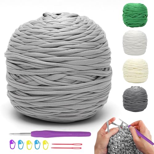 RANJIMA Textilgarn zum Häkeln,T-Shirt Garn, 285g/100m Textilgarn für Körbe Bändchengarn Polyester Rope Garn zum Häkeln, Häkelgarn Dickes Garn mit Häkelnadel für DIY-Handwerk Häkelkorb Teppiche Taschen von RANJIMA