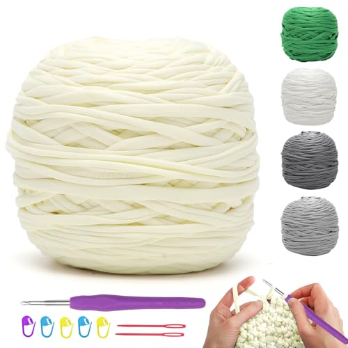 RANJIMA Textilgarn zum Häkeln,T-Shirt Garn, 285g/100m Textilgarn für Körbe Bändchengarn Polyester Rope Garn zum Häkeln, Häkelgarn Dickes Garn mit Häkelnadel für DIY-Handwerk Häkelkorb Taschen Teppiche von RANJIMA