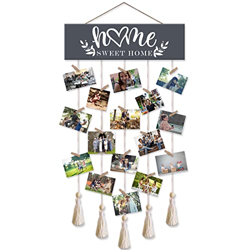 RAOSIME Vintage Rustikaler Stil Holz Hängende Foto Display Wandbehang mit 16 Clips Multi Bilderrahmen Collage Dekoration für Zuhause Wohnheim Wohnzimmer Dekor (Home Sweet Home) von RAOSIME