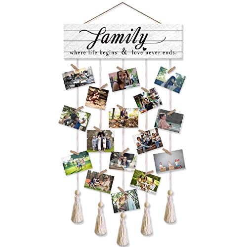 Vintage Rustikaler Stil Holz hängende Foto Display Wandbehang mit 16 Clips Multi Bilderrahmen Collage Dekoration für Zuhause Wohnheim Wohnzimmer Dekor - Family Where Life Begins and Love Never Ends von RAOSIME