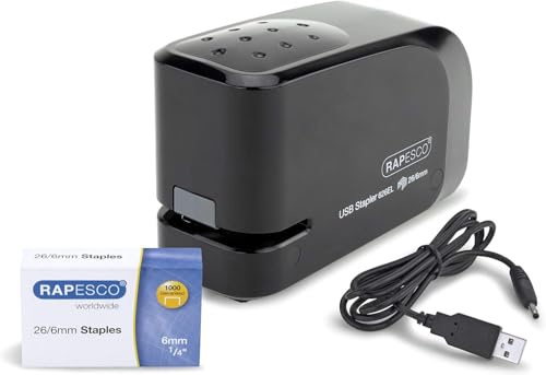 Rapesco 1454 626EL Automatisches USB/Batterie Heftgerät mit 1000 26/6mm Heftklammern, 15 Blatt Heftleistung, Schwarz von Rapesco