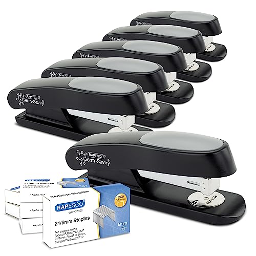 Rapesco 1734 Business Pack: 6 Germ-Savvy Antibakteriellem ECO Sting Ray Heftgeräten, 20 Blatt Heftleistung, und 6 Schachteln von 1000 24/6 mm Heftklammern, Schwarz von Rapesco