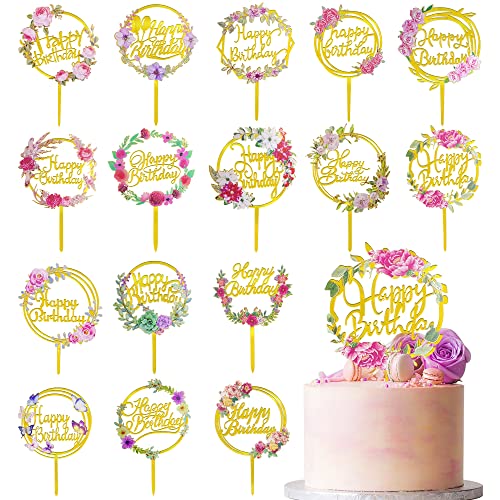 16 Stück Happy Birthday Kuchendekorationen Blume Acryl Gold Geburtstag Kuchen Topper Kuchen Pick Dekorationen für Geburtstag Party Kuchen Desserts Gebäck von RASSLISA