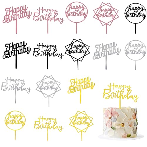 52 Stück Happy Birthday Kuchendekoration Acryl Geburtstag Cupcake Topper Kuchen Pick Dekorationen für Geburtstag Party Kuchen Desserts Gebäck 13 Stile 4 Farben von RASSLISA