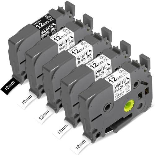 4 + 1 Packung Ersatz für Brother Schriftband TZe TZ Tape 12 mm 0,47 Zoll laminiert TZ-231 TZ-335, kompatibel mit PTD200 PTH110 PTD220 PTD202 PTP710BT Etikettenhersteller von RASSURT