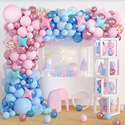 Gender Reveal Party Deko,RATSAW 196 Stück Baby Gender Reveal Party Deko Girlande mit Metallic Blau Rosa Roségold blau Konfetti Ballons,Baby box mit Buchstaben für Baby Shower Gender Reveal Geburtstag von RATSAW