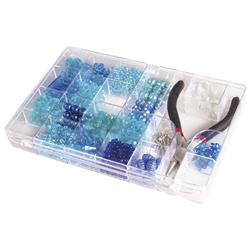 Rayher 14797376 Perlen-Box mit Zange, 20 x 13,5 cm, Inhalt 185 g, Blautöne, Farb- und Größenmix, Perlen zum Auffädeln, Kunststoffperlen, Plastikperlen von Rayher