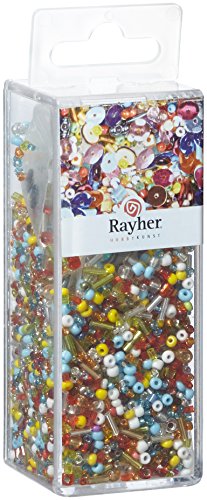 Rayher 24086000 Pailletten-/Glasperlenmix, bunte Mischung, 90 g und 50 m Draht 0,3 mm ø, Bastelperlen, Rocailles, Pailletten, Wachsperlen, Fädeldraht, 12.7x4.4x4.0 cm, Variante 5 von Rayher