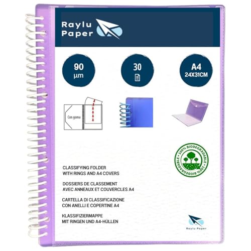 RAYLU PAPER - Sortiermappe mit Ringen mit A4 Klarsichthüllen 90 Mikron und Umschlag mit Klettverschluss, personalisierbarer Deckel, 100% biologisch abbaubar (30 Hüllen, Violett) von RAYLU PAPER