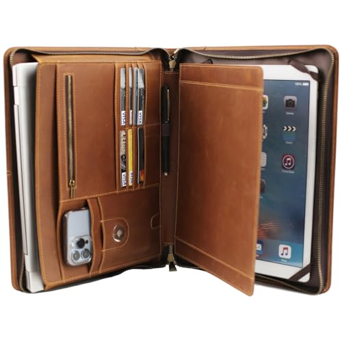 Portfolio-Ordner – Echtleder-Padfolio – Business-Notizbuch-Organizer mit Reißverschluss und Griff für Lebenslauf und Arbeit – Padfolio für Damen und Herren mit Notizblock, passend für iPad Pro 12,9 von RC ROCKCOW