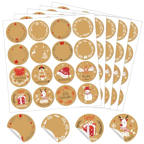 Aufkleber weihnachten, 10 Stücke, Weihnachtsaufkleber Selbstklebend, Rund Geschenkaufkleber, 16 Muster, Frohe Weihnachten Etiketten Kraftpapier, für Umschlag, Weihnachtskarten Geschenktüten von RCYHCY