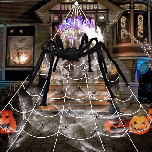 Halloween Deko Spinnennetz, 700 cm Halloween Spinnennetz + 90cm Riesen Spinne Halloween + 20 Kleine Halloween Spinne + 40g Spinnenweben Deko, für Garten, Spukhaus Halloween Deko Outdoor von RCYHCY