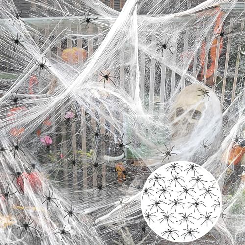 RDDAIPE Halloween Deko Spinnennetz, 300g Dehnbare Spinnweben Deko mit 40 Horror Schwarz Spinnen, 1800m² Spinnweben Halloween Deko für Innen, Außen, Garten, Fenster, Häuser, Spukhaus&Partyzubehör von RDDAIPE