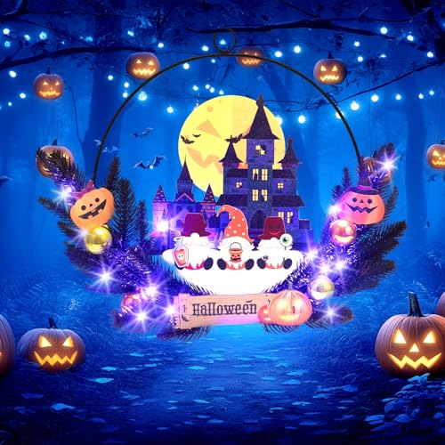 RDDAIPE Halloween Türkranz, 15.3inch Türkranz Halloween mit 30 Led-Leuchten, Kürbisse und Zwerge, Batteriebetrieben Halloween Deko, für Halloween Deko Outdoor Indoor, Haustür, Wand, Fenster, Party von RDDAIPE