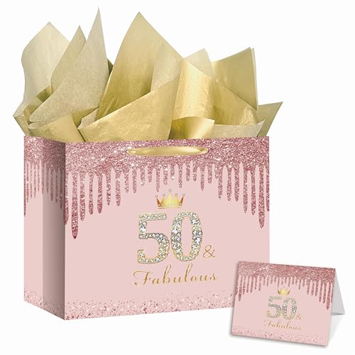 RDKOEAKEL Roségoldene Geschenktüte zum 50. Geburtstag für Frauen - Große rosa Geschenktüte mit Geschenkpapier & Karte - Perfekt für 50. Geburtstag Party, 50 & fabelhafte Dekorationen und Partyzubehör von RDKOEAKEL