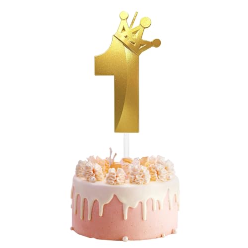 RDNKVB 1 Geburtstagskerzen, 3D Zahlen, mit Krone, für Torte, für Geburtstag Jahrestag Partys (7,6cm, Gold) von RDNKVB