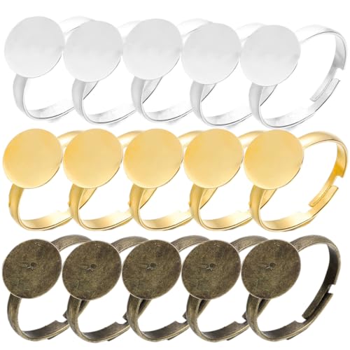 RDNKVB 15pcs 10mm Ringrohling Basen Ring Lünette Rohlinge Fingerringe Verstellbar Fingerring Komponenten Flache Runde Pad Ring Basis Ergebnisse für DIY Schmuck Machen von RDNKVB