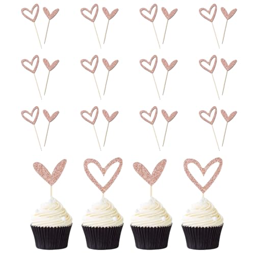 RDNKVB 24 Stück Cupcake Topper Glitter Herz Nettes Design Liebe Hochzeit Braut Jubiläum Baby Dusche Party Dekorationen Lieferungen (Roségold) von RDNKVB