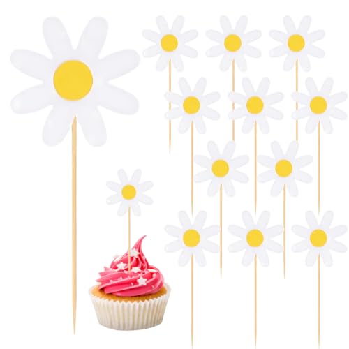 RDNKVB Tortendeko Pack 12 Stücke Gänseblümchen Blumen Pappbecher Kuchendeko Tortenaufleger für Happy Birthday Partydeko Für Mädchen Kinder Hochzeit Weiß von RDNKVB