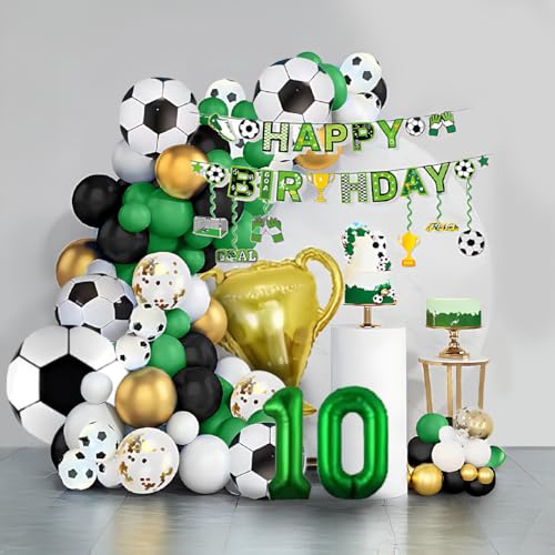 Dekoration für Geburtstag, Fußball Kinder 10 Jahre. Luftballons für Fußball 10 Jahre. Dekoration zum 10. Geburtstag, Luftballons zum 10. Geburtstag, mit goldener Trophäe und Banner Happy Birthday von REAL DECO