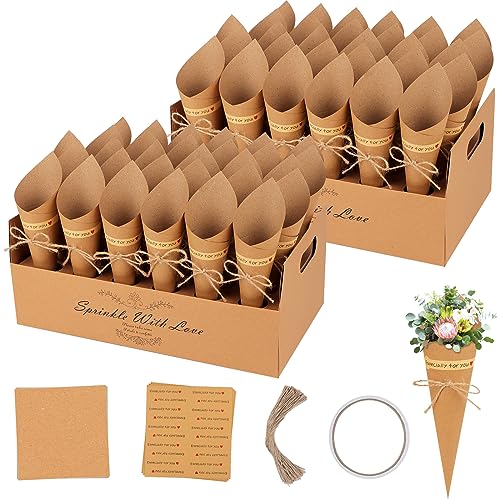 165-teiliges Kraftpapier Kegel Set für Hochzeiten, 60 Kegel, 100 Hanfschnüre, 1 Rolle Doppelseitiges Klebeband, 2 Konfetti Kegelhalter, für Hochzeitsdeko, Süßigkeiten & Blütenkonfetti von REAQUE