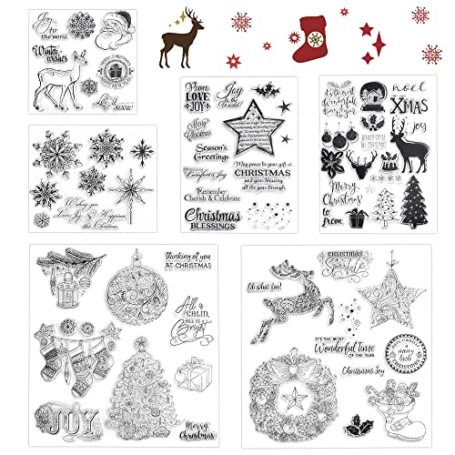 RECHCIGA 6 Blätter Weihnachten Silikonstempel Frohe Weihnachten Stempel Weihnachten Winter Clear Stamp Weihnachtsstempel Set Schneeflocke Hirsch Klare Stempel für Weihnachten Scrapbooking Dekoration von RECHCIGA