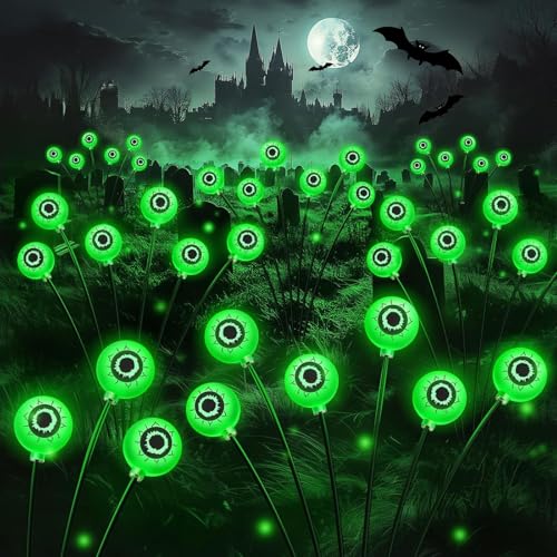 RECHOO 2 Stück Halloween Deko Outdoor Licht, 12 LED Grün Halloween Augapfel Schaukel Licht Solarlampen für Außen Garten, 2 Modi Wasserdicht Halloween Lichterkette für Garten Rasen Party Dekoration von RECHOO