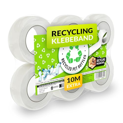 RECO Recycling Paketklebeband - 6 x 75m Extralang - 50mm volle Breite | Transparentes Paketband | aus über 90% recyceltem Material - Universal Packband Klebeband für Abroller von RECO