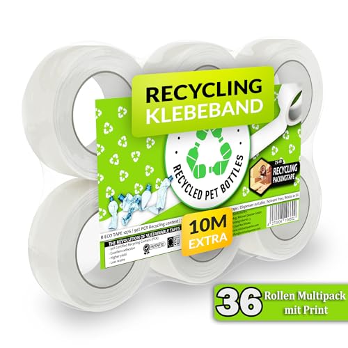 Reco Recycling Paketklebeband mit Print - 36 Rollen x 75m Multipack Extralang - 50mm volle Breite | Transparentes Paketband | aus über 90% recyceltem Material - Universal Packband Klebeband von RECO