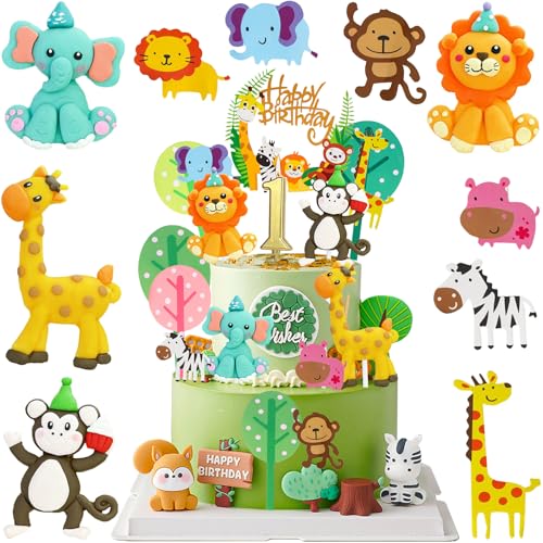 29 Stück 3D 1. Tier Geburtstag Tortendeko Safari Dschungel Tortendeko Waldtiere Geburtstag Party Happy Birthday Kuchen Deko Set Cupcake Cake Toppers Supplies Für Jungen Mädchen Kinder 1 Jahr (Zahl 1) von REDO