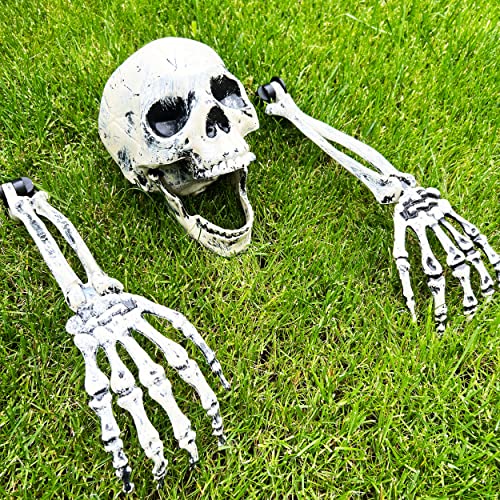 Skelett Halloween Deko Garten gruselig – Totenkopf Deko – Schädel mit Skelett Hand – Skelett Lebensgroß für Outdoor Friedhof Dekorationen – 3 Teile von REDSTAR FANCY DRESS