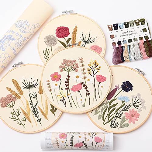 REEWISLY Stickset für Anfänger, 4 Sets, Hand-DIY-Kreuzstich-Set, 4 Stickrahmen, 4 Stück Pflanzen, Blumen-Stickmuster und Fäden, einfach für Stickerei-Anfänger zu lernen von REEWISLY