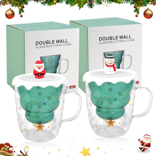 REFORUNG Süße tassen 2er Set Weihnachtstasse Weihnachtsbaum Kaffeetassen Doppelwandige Isoliergläser Espressotasse Beste MilchBecher Weihnachten Becher mit Deckel, Weihnachtsgeschenke, 300ml von REFORUNG