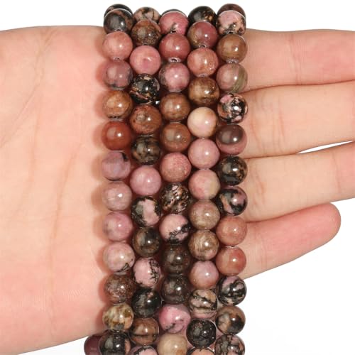 Naturstein-Anhänger, rund, lose Perlen für Schmuckherstellung, Handarbeiten, Armbänder, DIY, schwarze Spitze, Rhodonit, 6 mm, 61 Perlen von REHJJDFD