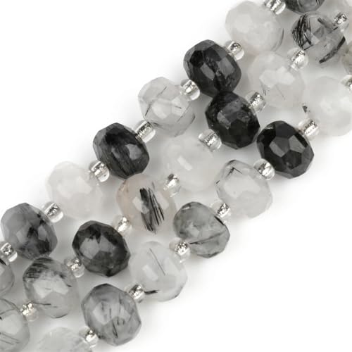 Naturstein-Edelsteine, facettierte Säulen, lose Perlen für Schmuckherstellung, DIY-Armbänder, Zubehör, 38,1 cm, schwarzer Rutilat-Quarz, 8 x 6 mm, ca. 50 Stück von REHJJDFD