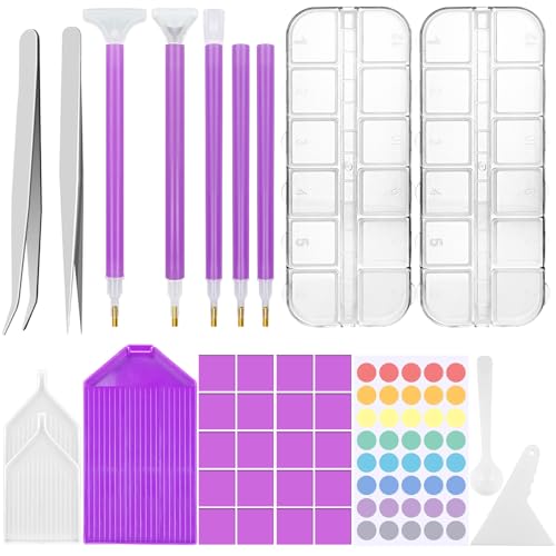 REJOECE 5D Diamond Painting Zubehör Set, 35 Stück Diamant Painting Bilder Kits mit Aufbewahrungsbox, Stift, Pinzette, Wachs, Label Aufkleber, Tablett für Nail Art Stickerei Kreuz Stitch von REJOECE