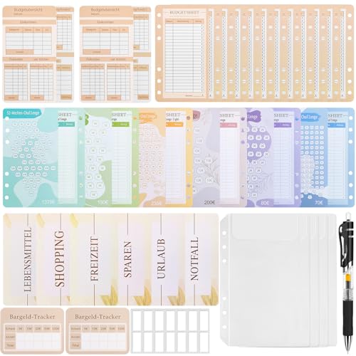 REJOECE A6 Sparchallenge Budgetplaner, Budget Planner Deutsch Zubehör, 6 Löcher Binder, Geld Sparen Challenge, Spar Challenge Set mit 2€|5€|10€|Kleingeld|52 Wochen|52 Wochen-light Challenges von REJOECE