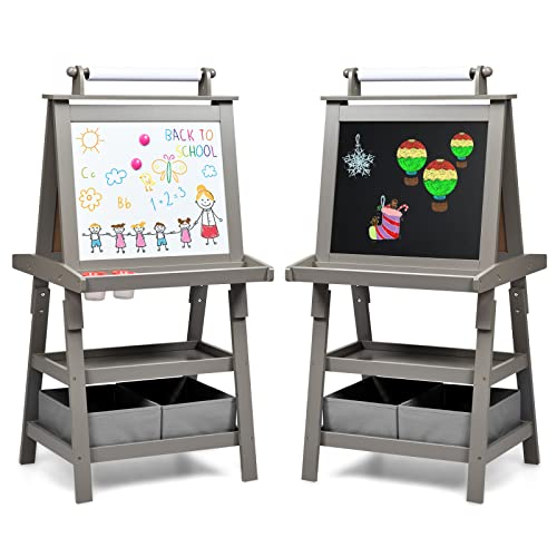 RELAX4LIFE Kinder Staffelei 3 in 1, Whiteboard, Kreidetafel, Rolle für Zeichenpapier, doppelseitige Staffelei, 3 Regale mit 2 Stoffboxen & 2 Magnete & 2 Pigmentbecher, Kindertafel MDF (Grau) von RELAX4LIFE