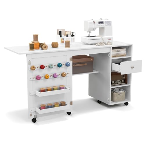 RELAX4LIFE Klappbarer Nähtisch, Mobile Handwerksstation mit Rollen, Nähmaschinentisch mit Stiften, Ablagen, Regalen & Schublade, Nähmaschinenschrank Zuhause für handwerkliche Projekte, Weiß von RELAX4LIFE