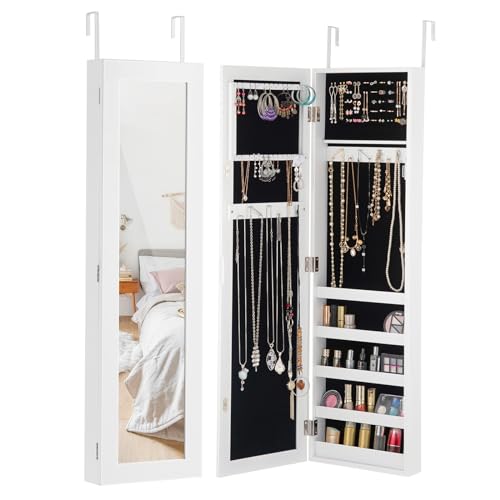 RELAX4LIFE Schmuckschrank Hängend, 2-in-1 Spiegelschrank mit Magnetverschluss & 5 Ablagefächer, Wand-/Türmontierter Schmuckorganizer für Ohrring, Armband, Kette, Ring & Kosmetik, 106 x 30 x 8,5 cm von RELAX4LIFE