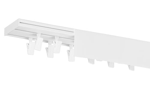 RENA Vorhangschiene 2-läufig Gardinenschiene aus Kunststoff Vorhang-Deckenschiene mit Abdeckung und Klammern Gardinenleiste Gardinenstange Gardinen Vorhänge für Deckenmontage Weiß 170cm von RENA