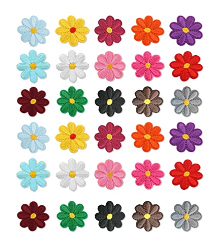 REQAG 30PCS Mini Sun Flower Bestickte Patches zum Aufbügeln mit Hitze oder zum Aufnähen Gestickte individuelle Rucksack-Aufnäher für Männer, Frauen, Jungen, Mädchen, Kinder von REQAG