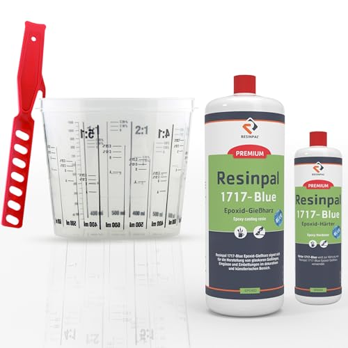 1 kg Resinpal 1717-Blue (Gießharz) + 0,5 kg Härter | Inkl. 750ml Mischbecher & 280mm Rührstab | Glasklares Epoxidharz für Gießen, Beschichten & DIY-Projekte von RESINPAL