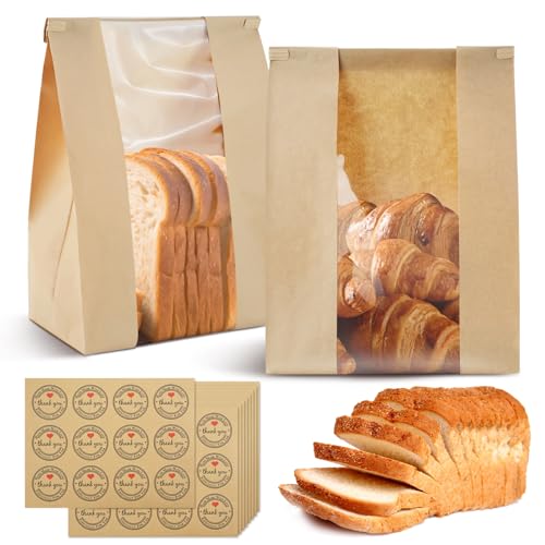 RETON 100 Stück Brottüten Papier für Selbstgemachtes Brot, Papiertüten mit Fenster Zinnverschluss, Brotpapiertüten Kraftpapier Tüten mit Dankesaufklebern Zinnverschluss für Lebensmittelverpackungen von RETON