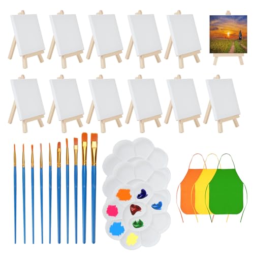 RETON 40 teiliges Mini Staffelei und Leinwand Set, 12 kleine Staffelei mit 12 Mini Leinwänden, 10 Pinsel, 3 Farbpaletten und 3 Kinder Malschürzen, Mini-Leinwand und staffelei holz kit für Zeichnung von RETON