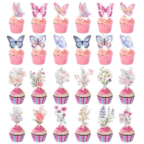 RETON 48 Stück Blumen und Schmetterlings Cupcake Deko, Tortendeko Schmetterling, Happy Birthday Cake Topper Schmetterling Deko, Butterfly Torten Deko Tortendeko Mädchen, Cupcake Topper für Geburtstag von RETON