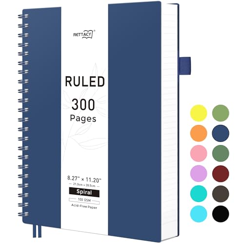 RETTACY A4 Notizblock, Notizbuch, Spiralgebundene Notizbücher, 300 Blatt/150 Seiten Zum Schreiben, 100 G/m² College-liniertes Papier, PVC-Hardcover, 21,5 x 27,9cm - Marineblau von RETTACY